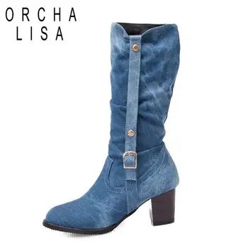 ORCHA LISA dimensiuni mari 34-46 Iarna cowboy vest botine toc patrat pantofi femei cizme genunchi ridicat bottes blugi, cizme Doamna petrecere