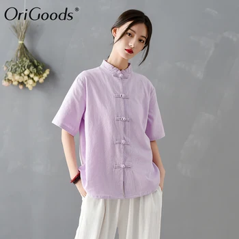 OriGoods stil Chinezesc Tricou Femei 2020 Noi de Vara Tricou Bluza Lenjerie de pat din Bumbac Alb Bluza Tricou Vintage stil Național Topuri C314