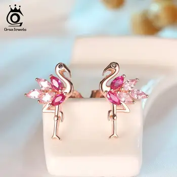 ORSA BIJUTERII Autentice Argint 925 Flamingo Formă Stud Cercei Combina Cu Trandafir Roz AAAA Zircon Cercei Bijuterii SE164