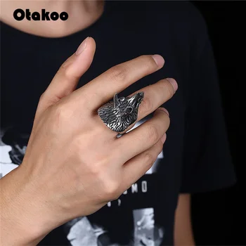 Otakoo Vintage Punk Rock Oțel Titan Dinozaur Inel de Trei-dimensional Sculptură Unghi Dublu Cap de Animal Bărbați Inel