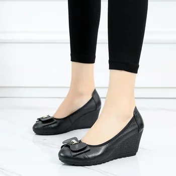 OUKAHUI 2021 Primavara Piele naturala cu Toc Pană Pantofi Femei Slip-on de Toamnă Superficial Cu Bowknot Platforma Pantofi de Cristal Pompe