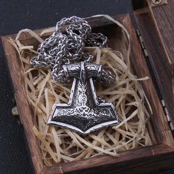Oțel inoxidabil se Amestecă Aurul lui thor ciocanul mjolnir colier Raven Viking Colier ca oamenii cadou cu cutie de lemn
