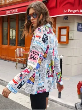 Palton Femei-Ziar Print Label Gât Jacheta De Toamna High Street Maneci Lungi Colorate Definite Talie Singur Buton Strat Subțire