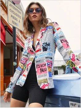Palton Femei-Ziar Print Label Gât Jacheta De Toamna High Street Maneci Lungi Colorate Definite Talie Singur Buton Strat Subțire