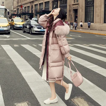 Palton lung Pentru Femei 2021 Iarna Nou Alb Rață Jos coreean Vrac Moda cu Glugă de Blană de Vulpe Guler Gros de Buzunar Sacou de Calitate 66M