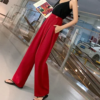 Pantaloni Femei Roșu Elegant Largi Picior Pantaloni Solide Femei Chic Respirabil Moale de Înaltă Calitate, Toate-meci coreea Kpop Ulzzang Vintage