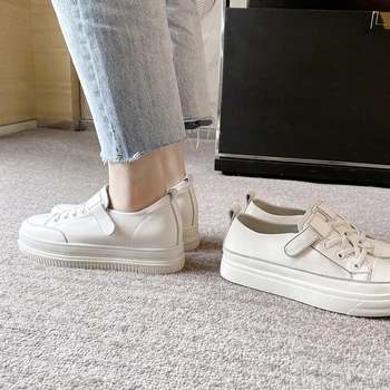 Pantofi albi din piele adidași confortabil rotund toe catarama dantelă sus toc plat uzura de zi cu zi respirabil călătorie AM29 MUYISEXI