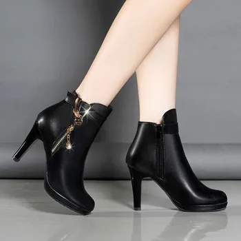 Pantofi de iarna pentru Femei Cizme Martin Negru Solid Moda Platforma 7CM Tocuri sex Feminin Pompe de Pantofi Office Cariera Subliniat Toe Fermoar