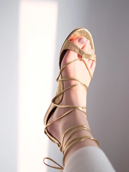 Pantofi pentru femei Elegante, Casual, Retro, Vacanta, Plaja de Aur Sandale Romane Dantelă Sus Sandale Plate Partid Rochie de Zeita de Moda Doamnă