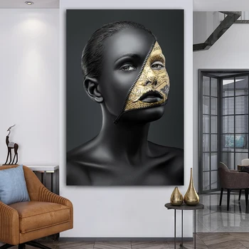 Panza pictura abstractă, Artă Africană, Negru și Auriu Femeie Printuri Scandinave Figura imagine arta de perete Decor de Perete Pictura