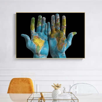 Panza Pictura Arta de Perete Imagine Printuri Creative Perete Imagini Hartă a Lumii pe Mâini pentru Living Decor Acasă Postere si Printuri