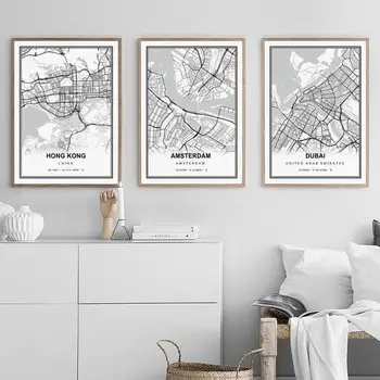 Panza Pictura Decorativa Oraș Longitudine și Latitudine Hartă a Lumii, America, Franța, Australia, Elveția, Dubai Creative Poster de Perete