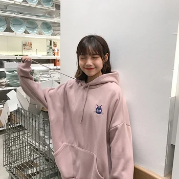 Paris Fata Brodate Luna Pisica Roz Hoodies Femei Kawaii Stil Coreean Pierde Tricoul Pulovere Cu Glugă