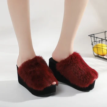 Parul papuci femei 2019 toamna plus-jos cu toc înclinat în afara poartă roșu net brioșă lână blană papuci de casă iepure pantofi