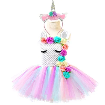 Pastel rochie tutu cu un unicorn pentru fetite cu flori pentru ziua de nastere, lux rochii de seara, pentru Copii costum de Hallo