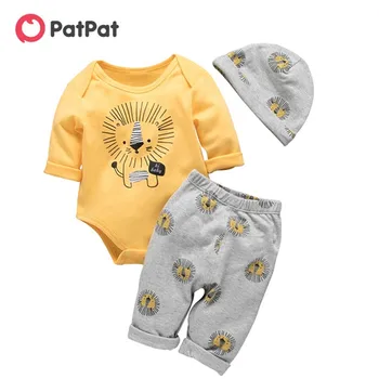 PatPat 2020 Bebe de Toamnă și de Iarnă de Bumbac Leu Casual, 3 Buc Set Băiețel Drăguț Bodysuit Pantaloni, Pălărie, Costum Copil Haine de Copil