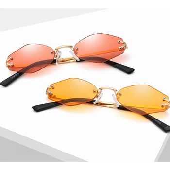 Peekaboo mici ovale ochelari de soare vintage hexagonale ochelari de soare pentru femei fără ramă negru galben uv400 unisex