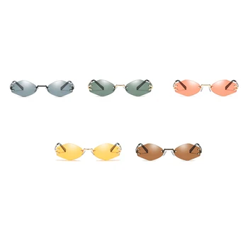 Peekaboo mici ovale ochelari de soare vintage hexagonale ochelari de soare pentru femei fără ramă negru galben uv400 unisex