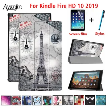 Pentru Amazon Kindle Foc HD 10 2019 Caz Pentru Noul Kindle de Foc HD10 a 9-a Generație Smart Flip Piele Stand husa+Folie+Stylus