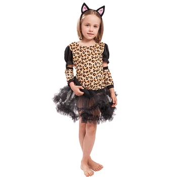 Pentru copii Costum de Ghepard Animale Desene animate Drăguț Leopard Fată Joc de Rol pentru Copii Cadou de Ziua de Halloween Rochie de Frizură