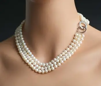 Perle unice Magazin de bijuterii 3 rânduri Albe, Rotunde Reale de apă Dulce Pearl Colier Fermecător Femei Bijuterii