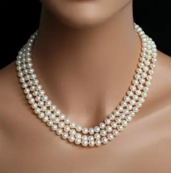 Perle unice Magazin de bijuterii 3 rânduri Albe, Rotunde Reale de apă Dulce Pearl Colier Fermecător Femei Bijuterii