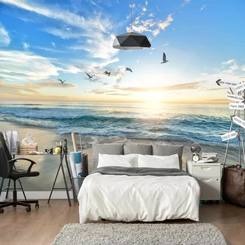 Personalizat Tapet rezistent la apa picturi Murale 3D Pescărușul Albastru, Cer, Mare, Plajă cu Nisip Murală DIY Auto-adeziv Foto imagini de Fundal Pentru Camera de zi