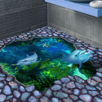Personalizate 3D Pictura Podea Ocean World Dolphin Baie Etaj Autocolant PVC rezistent la apa Auto-adeziv Tapet Mural Decalcomanii de Perete 3D