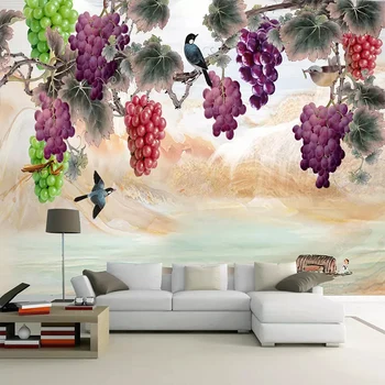 Personalizate 3D picturi Murale Wallpaper Nou Stil Chinezesc Pictate manual Violet Flori de Struguri Păsări Arta Pictura pe Perete Camera de zi Dormitor
