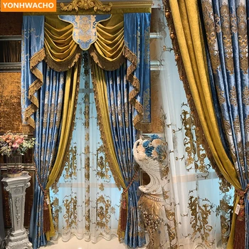 Personalizate perdele de lux Europene neo-clasică villa blue vraja aur, catifea, broderie, pânză opace perdeaua de tul valance B368