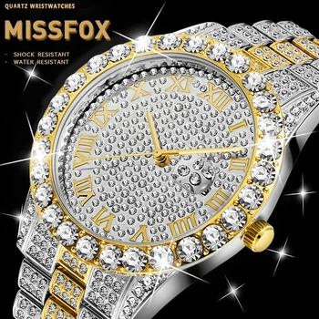 Picătură De Transport Maritim Missfox Iced Out Încheietura Ceasuri Pentru Barbati Ceas De Aur Pentru Bărbați Brand De Lux De Aur Și De Argint Cuarț Mens Ceas Cu Diamante