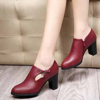 Piele artificiala Pantofi bota feminina Noua Moda Femei Solide cu Fermoar Toc Pătrat a Subliniat Toe Pantofi de Partid Cizme 30