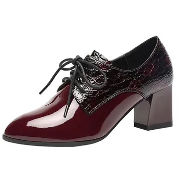 Piele de brevet de model de pantofi cu toc gros pantofi cu toc înalt a subliniat subliniat moda casual pantofi din piele roșie de jos în tocuri inalte