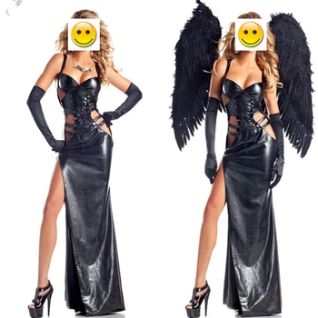 Piele Negru Întuneric Diavolul Înger Căzut Costum Adult Costume de Halloween pentru Femei Gotic Costum de Vrăjitoare (Rochie+wing+Manusi)