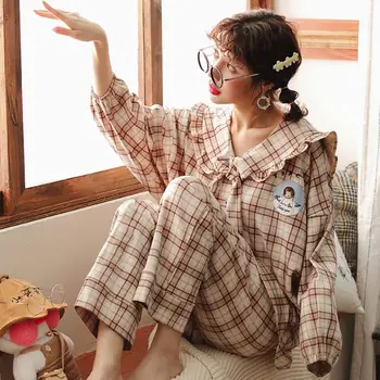 Pijama Seturi Pentru Femei Dulce Carouri Simplu Coreean Butonul De Primăvară Maneca Lunga Elevele Pijamale De Iarnă Moale Moda Drăguț Doamnă Pijama