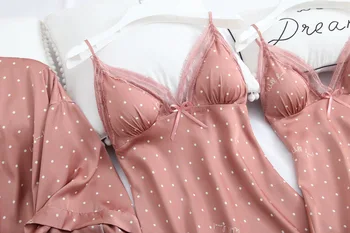 Pijamale de mătase pentru Femei de Vară Subțire Sexy Set Curea cu Pad Piept Cămașă de noapte cu Maneca Lunga Patru Piese Set camasa de noapte, Pijamale