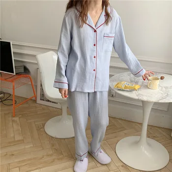 Pijamale Femei Primavara / Toamna Stil Japonez Confortabile Și Simple, Pure Bumbac De Culoare Set De Pijama Femei Cu Maneca Lunga, Pantaloni
