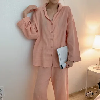 Pijamale Femei Primavara / Toamna Stil Japonez Confortabile Și Simple, Pure Bumbac De Culoare Set De Pijama Femei Cu Maneca Lunga, Pantaloni