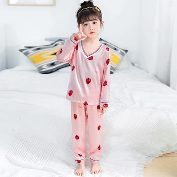 Pijamale noi pentru Fata 2020 Toamna Iarna Fals Mătase Copil Sleepwear Set V-neck Maneca Lunga Fată Drăguță Pijamale cu Pantaloni Lungi Acasă Pânză