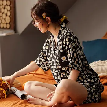 Pijamale Pentru Femei, De Bumbac Mâneci Scurte Doamnelor Seturi De Pijama Pantaloni Scurți Proaspete Daisy Print Japonez Simplu Sleepwear Homewear Pijamas
