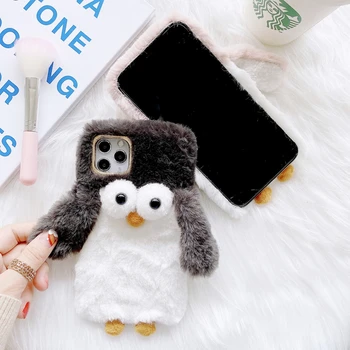 Pinguin drăguț Forma de Blană de Pluș Telefon Caz pentru iPhone 12 Mini XS Max XR X 11 Pro Max Cald Acoperă pentru iPhone 7 8 Plus SE 2020 Cazuri