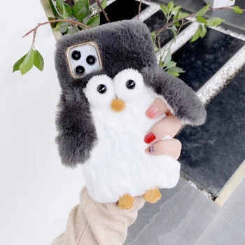 Pinguin drăguț Forma de Blană de Pluș Telefon Caz pentru iPhone 12 Mini XS Max XR X 11 Pro Max Cald Acoperă pentru iPhone 7 8 Plus SE 2020 Cazuri