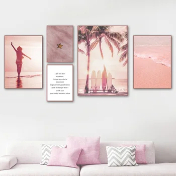Pink Beach Copac De Nucă De Cocos Placă De Surf Citate Arta De Perete Panza Pictura Nordică Postere Si Printuri Poze De Perete Pentru Living Decorul Camerei