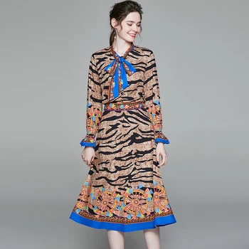 Pista De Imprimare Leopard Costum Set De Femei De Moda Flare Sleeve Arc Guler Camasi Topuri+Fermoar Fuste Midi Set Vintage 2 Set De Doua Bucati