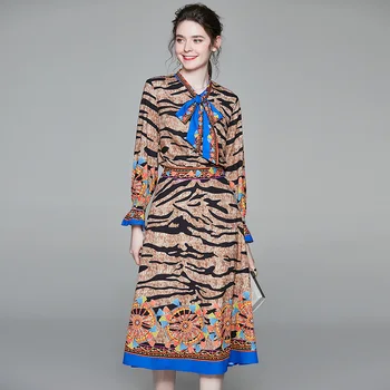 Pista De Imprimare Leopard Costum Set De Femei De Moda Flare Sleeve Arc Guler Camasi Topuri+Fermoar Fuste Midi Set Vintage 2 Set De Doua Bucati