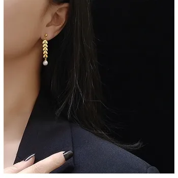 Placat cu aur din oțel inoxidabil frunze picătură cercei pentru femeile ureche accesorii, moda simulate perla legăna cercei bijuterii