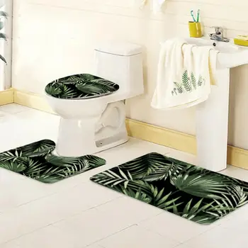 Planta Tropicala Frunze Verzi Baie Stil Decorativ 3 Piece Set Non-Alunecare Mat Toaletă Huse Elegante Elegante, Accesorii De Baie