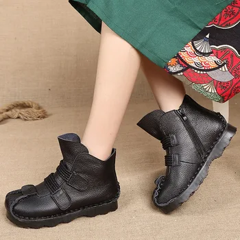 Platforma Cizme Pentru Femei 2020 Iarna Retro Ghete De Piele De Vacă Doamnelor Tocuri Plat Din Piele Cizme Mama Confort Pantofi De Cald