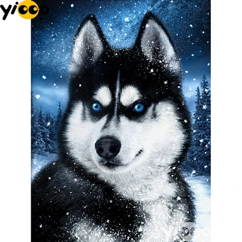 Plin Patrat/rotund Burghiu de Diamant Broderie câine Husky în zăpadă Diamant Pictura cruciulițe Stras Mozaic Decor Cadou DX0584