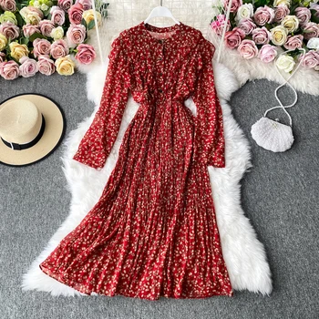 Plisată Midi Rochie Floral Ruffle Dress Femeie Maneca Lunga De Toamna Iarna Boho Rochii Pentru Femei Boem, Elegant 2020 Vintage Red